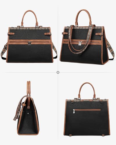 Laptop Bag for Women Designer PU Leather, 15.6inch | Large Tote Bags Backpack Purses with 15.6 Laptop Compartment Shoulder Handbag, for Office, Business, Travel, Daily Use - color: Retro Black With Brown