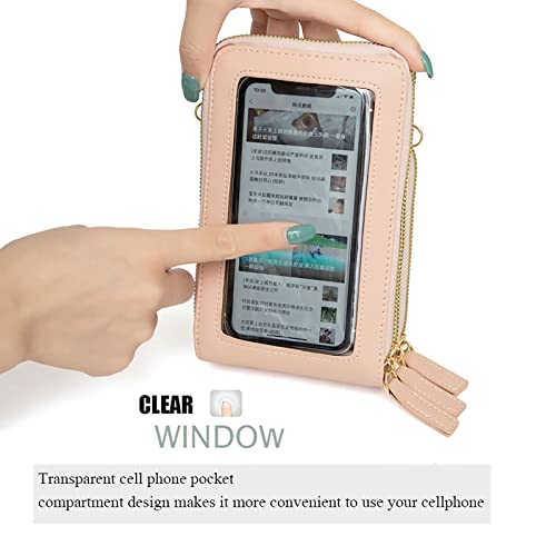 myfriday Touch Screen RFID Phone Crossbody Purse with 2 Straps for Women | Clear phone window, RFID card space, 11 slots and zip pockets support quick calls, errands, theme parks and travel - color: A-pink