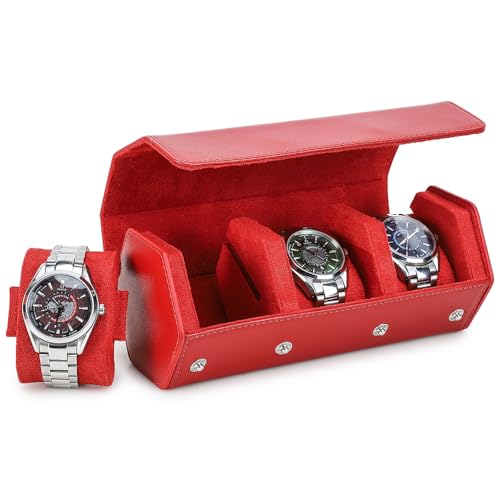 Hiram Genuine Leather Hexagon Watch Roll Travel Case, Leather 3-Watches Roll Case with Removable Pillow Cushion for Treasured Watches and Bracelets -Red - color: Red, size: 3-slots