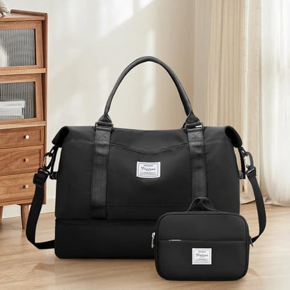Weekender Bags for Women, Carry-On Overnight Travel Duffel Bag | Travel Bag with Shoes Compartment & Toiletry Bag, Extra Large - color: Black, size: Extra Large