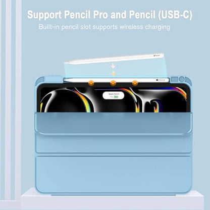 iPad Pro 11 Inch Case (M5) 2025/ (M4) 2024 (Model: A2836/A2837/A3006), Trifold Stand Smart Cover with Pencil Holder and Soft TPU Back, Auto Wake/Sleep (New Azure Blue) - color: New Azure Blue