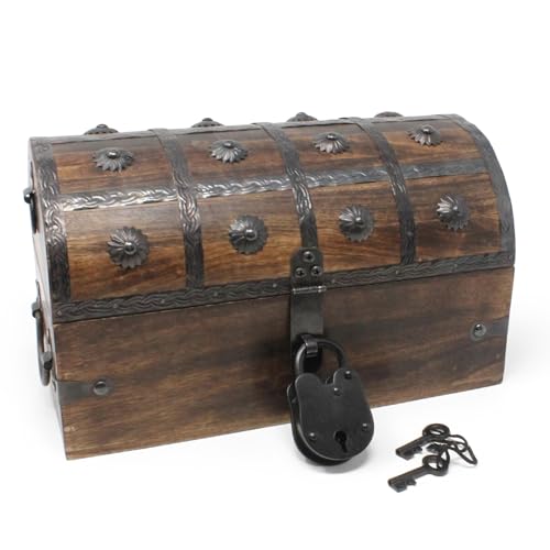 Wooden Pirate Treasure Chest with Lock & Skeleton Key Medium | Handmade Wooden Storage Box Kids Treasure Chest For Jewelry, Coins, Trinkets, Keepsake Gifts, Decor - size: Medium 11 x 6 x 6.75