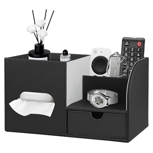 Tissue Box Cover with Drawer Organizer and Storage Tray,Cube Tissue Holder | PU Leather Tissues and Remote Holder,Decorative Facial Paper Nightstand Desk Organizer for Bathroom Vanity coffee table - color: Black