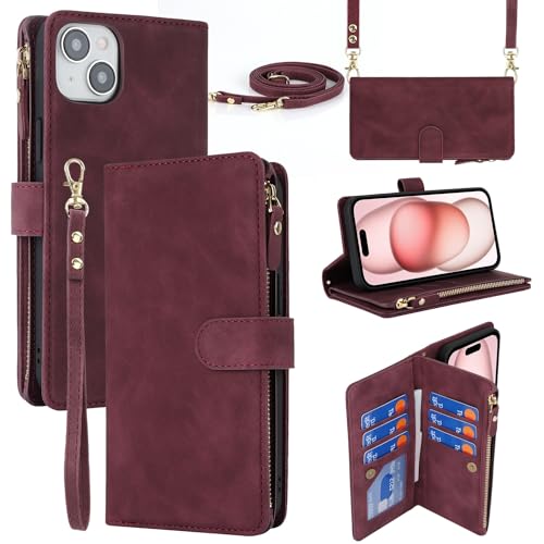 iCoverCase Compatible with iPhone 15 Crossbody Case with Strap, Wallet Phone Case Card Holder [Not Detachable] PU Leather Kickstand Zipper Lanyard Case 6.1" (Claret) - color: Claret, size: for 15 6.1 inch