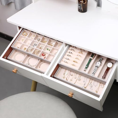 LANDICI 4-Piece Stackable PU Leather Jewelry Organizer Trays, Grey | Four stackable PU leather trays with flannel lining, ring rolls, necklace hooks and removable dividers for customized storage - color: Grey