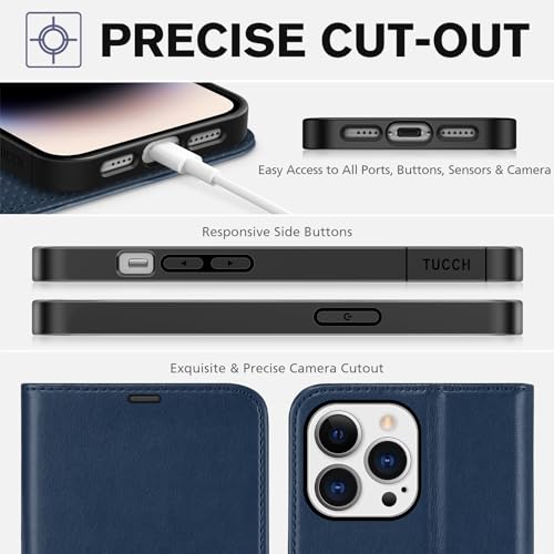 TUCCH Case Wallet for iPhone 14 Pro Max, RFID Blocking Folio, Dark Blue | 4 Card Holders, Kickstand, PU Leather, Magnetic Closure, Shockproof TPU Shell, Protective Flip Cover - color: Dark Blue
