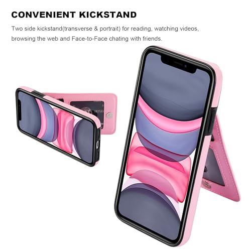 KIHUWEY for iPhone 11 Wallet Case Card Holder Kickstand, Pink | Credit Card Slots, PU Leather, Magnetic Clasp, Flip Heavy Duty Protection Cover for Men and Women - color: Pink