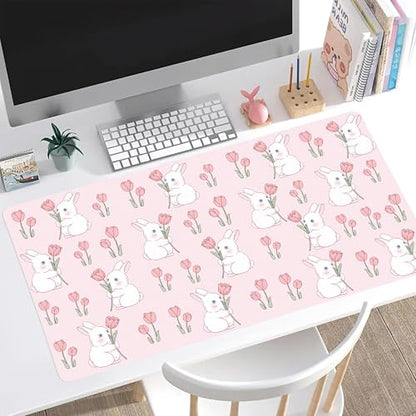 Pink Bunny Tulip Desk Mat, Cute Extended Gaming Keyboard Mouse Pad, Large Office Desk Cover Mat Pad Deskmat, Non-Slip Leather Home Office Desk Mat Protector 31.5"×15.7" - color: Pink Bunny, size: 31.5" x 15.7"