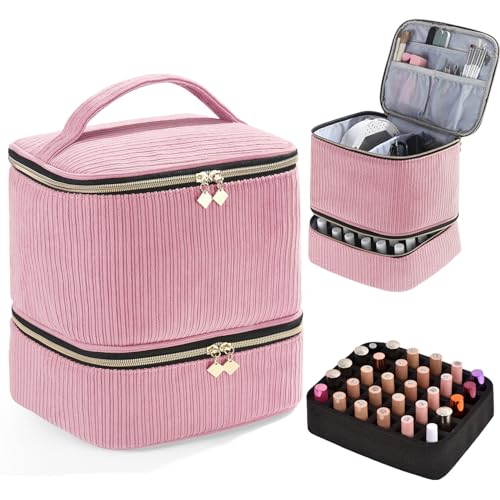 Corduroy Nail Polish Organizer and Nail Lamp Case, Nail Kit Organizer Holds 30 Bottles (15ml - 0.5 fl.oz) and a Nail Lamp, Nail Polish Carrying Case with Manicure Tools Storage Sections (Pink) - color: Pink