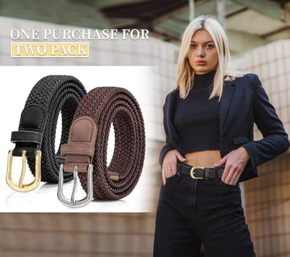 2 Pack Braided Belt for Women, Elastic Woven Stretch Belt | 2 pack woven elastic women's belts with gold & silver buckle, 1" wide - color: 2p. Black+s-coffee, size: waist size 25-29"