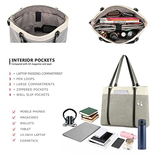Laptop Tote Bag for Women, 15.6 Inch Work Bag with Laptop Compartment and Zipper, Canvas Computer Tote for Teacher - color: Gray