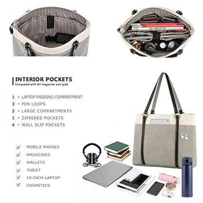 Laptop Tote Bag for Women, 15.6 Inch Work Bag with Laptop Compartment and Zipper, Canvas Computer Tote for Teacher - color: Gray