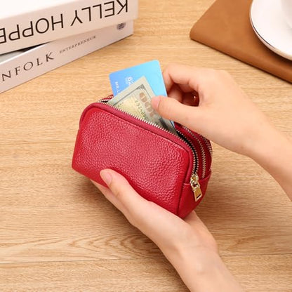 SENDEFN Small Coin Purse Leather 3 Zippered Change Pouch Wallet with Key Ring for Women - color: 1-Red