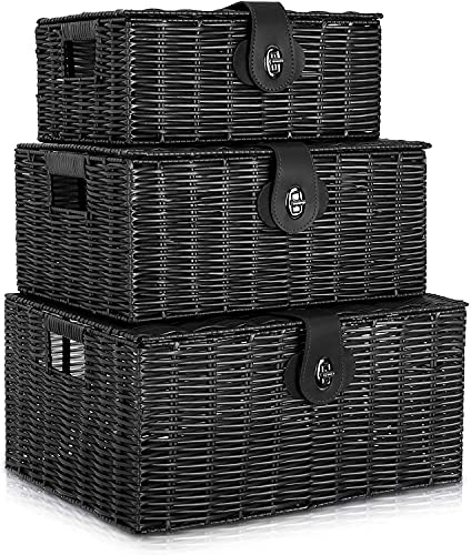 Set of 3 Woven Wicker Storage Basket Box with Lids & Lock, Built-in Carry Handles, Multifunctional Storage Organizer for Nursery, Baby, Clothes, Toys, Books, Large/Medium/Small Size (Black) - color: Black
