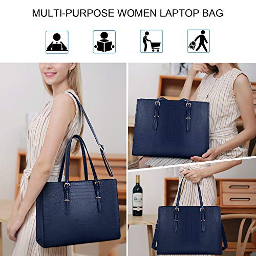 Laptop Bag for Women 15.6 Inch Crocodile Leather Tote Bag Water-resistant Work Briefcase Business Computer Shoulder Bag for Travel Teacher Nurse Professional Handbag - color: Blue