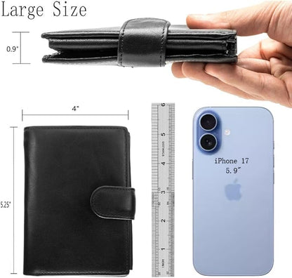 POKOFO Large RFID Genuine Leather Card Holder Trifold Wallet Snap Closure 3 ID Windows for men - color: Black Large