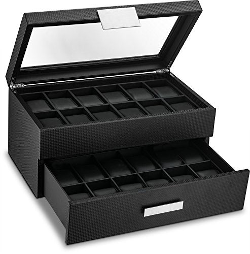 Glenor Co Watch Box for Men - 24 Slot Luxury Display Case Organizer, Carbon Fiber Design -Metal Buckle for Mens Jewelry Watches, Men's Storage Holder w Large Glass Top, Drawer & Leather Pillows- Black - color: Black, size: 24 Slot