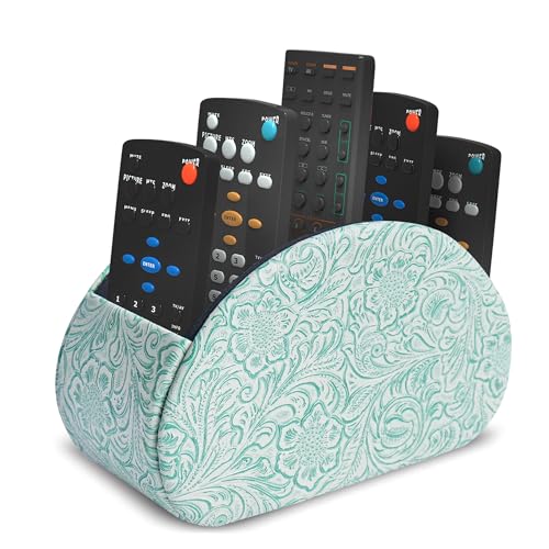 Remote Control Holder, PU Leather Remote Caddy Desktop Organizer with 5 Spacious Compartments for TV Remotes/Media Controllers/Office Supplies (1-Carved3 Green2 - color: 1-Carved3 Green2