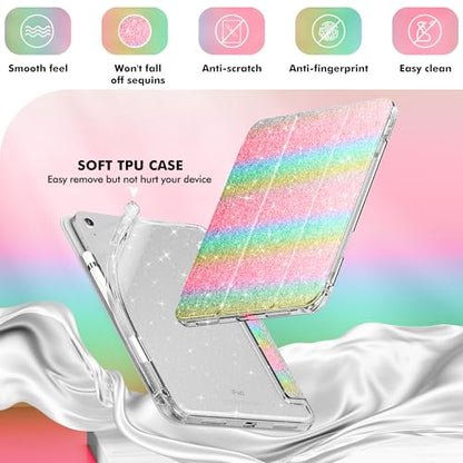 INFILAND Glitter Case for iPad A16 11th/10th Generation 11/10.9 Inch | 2025/2022 Sparkly Clear Cute Protective Cover Back with Pencil Holder For Kids Girls Rainbow - color: Rainbow