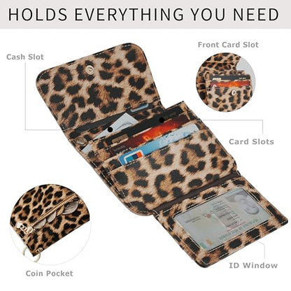 Women Small Wallet RFID Blocking Slim Wallet with Coin Pocket Tri-Fold Credit Card Holder with ID Window and Keychain (Leopard) - color: Leopard