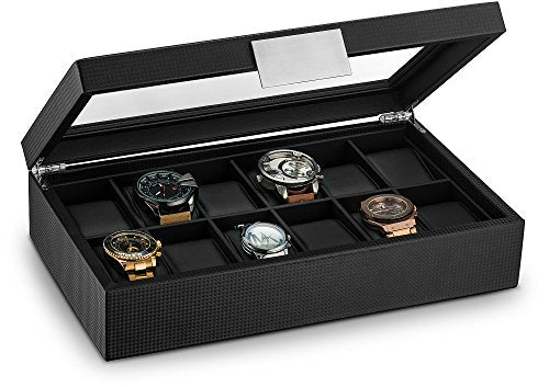 Glenor Co Watch Box for Men - 12 Slot Luxury Carbon Fiber Design Display Case, Large Holder, Metal Buckle - Black - color: Black, size: 12 Slot