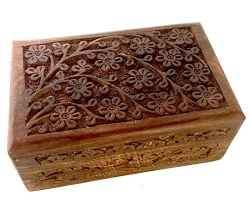 New Age Imports, Inc. GIFT IDEAS~ Floral Carved Handmade Wooden Box 4 inches by 6 inches~Ideal for storing Jewelry, Coins, Tartot cards, Small Treasures, URN Box & etc (Floral Carved 4"x6") - size: Floral Carved 4 x 6 inches