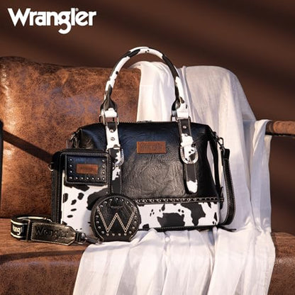 Wrangler 3Pcs Doctor Bag Sets for Women Top-handle Satchel Bag with Cell Phone Handbag and Coin Purse - color: Black Cow Print