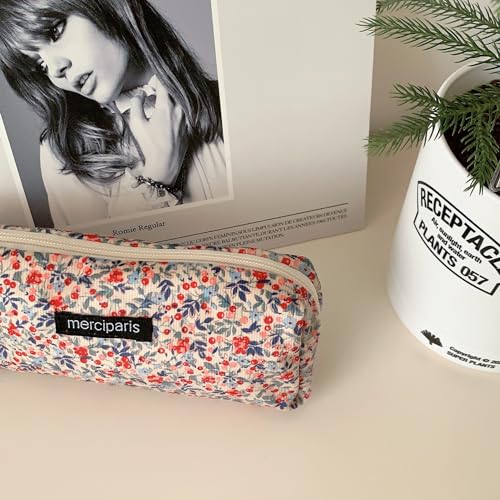 Flower Prints Pencil Pen Pouch Purse Bag Cosmetic Case Organizer Soft Cotton Canvas (GR) - color: GR