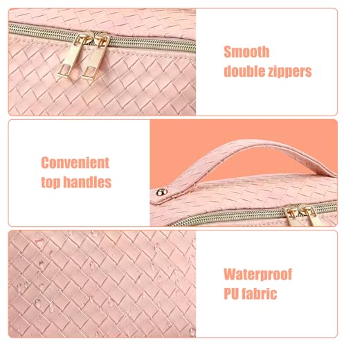 Travel Makeup Bag for Women, Waterproof Vegan Leather Cosmetic Bag, Large Capacity Pouch Open Toiletry Bag with Brush Compartment and Handle - color: B-Green