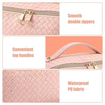 Travel Makeup Bag for Women, Waterproof Vegan Leather Cosmetic Bag, Large Capacity Pouch Open Toiletry Bag with Brush Compartment and Handle - color: B-Green