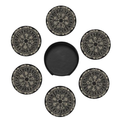 Black Viking Magical Leather Drinks Coasters with Holder, Set of 6, Suitable for Various Cups - color: Black Viking Magical