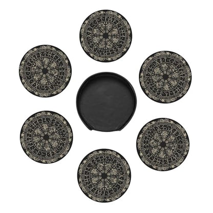 Black Viking Magical Leather Drinks Coasters with Holder, Set of 6, Suitable for Various Cups - color: Black Viking Magical