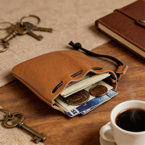 4.7 Inch Mini Genuine Leather Drawstring Coin Purse Vintage Leather Change Bag Cowhide Jewelry Storage Pouch Waterproof Dice Holder Bag for Men Women Earphone Earring Money - style: Style 2