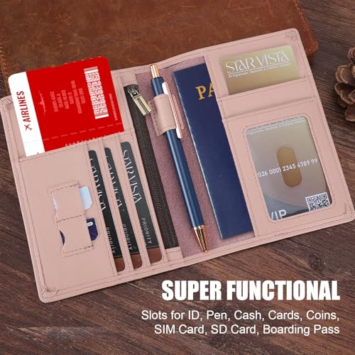 STAR VISTA Phoenix Leather Passport Holder, Calfskin Travel Wallet - RFID Blocking, ID Window, Zipper Pocket, Pen & Notebook Included, Pale Pink - color: Pink B