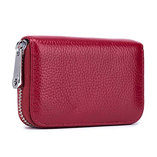 RFID Credit Card Holder Genuine Leather Credit Card Wallet with Zipper | RFID - color: wine red