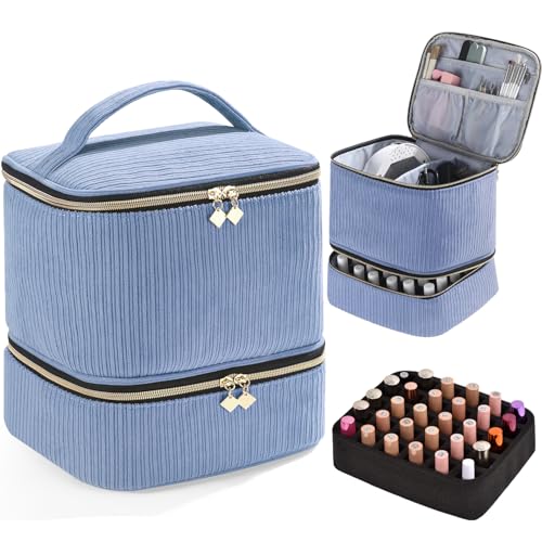 CTWWFS Corduroy Nail Polish Organizer and Nail Lamp Case, Nail Kit Organizer Holds 30 Bottles (15ml - 0.5 fl.oz) and a Nail Lamp, Nail Polish Carrying Case with Manicure Tools Storage Sections (Blue) - color: Blue