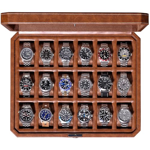 ROTHWELL 18-Slot Watch Case – Luxury Watch Box for Men, Real Glass Top, Lockable, Elegant Display for Collections (Tan/Brown) - color: 18 Slot -Tan / Brown