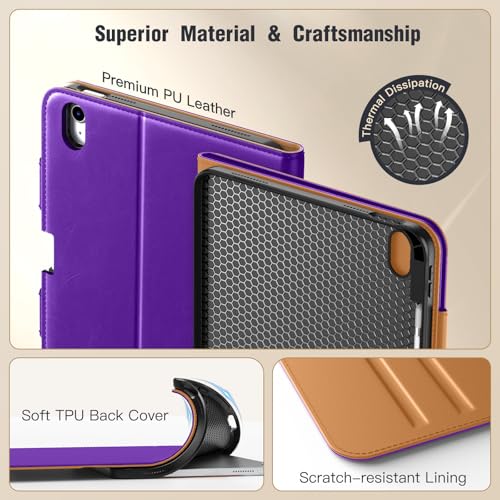 MoKo PU Leather Case for iPad A16 11th Gen 11 Inch/iPad 10th Gen | Pencil Holder & Hand Strap & Pocket, Auto Wake/Sleep, Multiple Viewing Angles, Folio Stand Cover, Purple Violet - color: Purple Violet