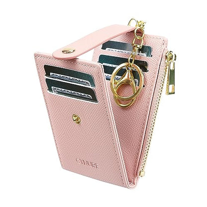 Women Leather RFID Card Holder Bifold Keychain Wallet - color: pink
