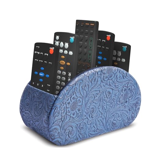 Remote Control Holder, PU Leather Remote Caddy Desktop Organizer with 5 Spacious Compartments for TV Remotes/Media Controllers/Office Supplies (1-Carved3 Blue - color: 1-Carved3 Blue