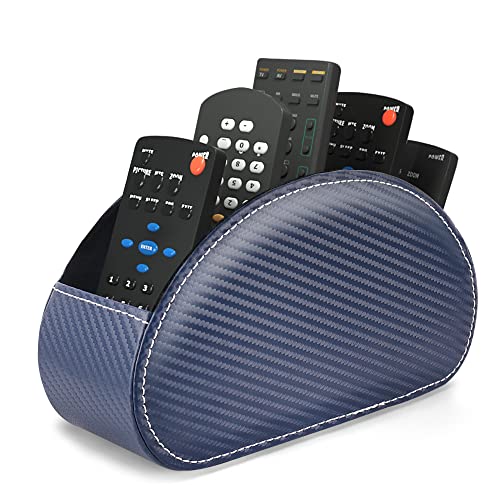 Remote Control Holder, PU Leather Remote Caddy Desktop Organizer with 5 Spacious Compartments for TV Remotes/Media Controllers/Office Supplies (1-Carbon Blue - color: 1-Carbon Blue