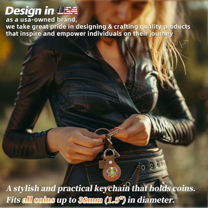 Premium Leather Coin Holder - Handmade Sobriety AA Coins Chip Keychain | Displays Both Sides of Sober Token Medallion Pet Challenge Coin - Brown Waterproof Scratchproof Soft PVC Key Ring - color: Brown - 1 Pcs