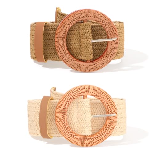Amaxiu 2 Pack Straw Woven Elastic Belt, Woven Belt for Women Dresses | Braided Waist, Wide Boho Rattan Waist Belt with Stretch Beige Brown