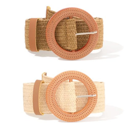 Amaxiu 2 Pack Straw Woven Elastic Belt, Woven Belt for Women Dresses | Braided Waist, Wide Boho Rattan Waist Belt with Stretch Beige Brown