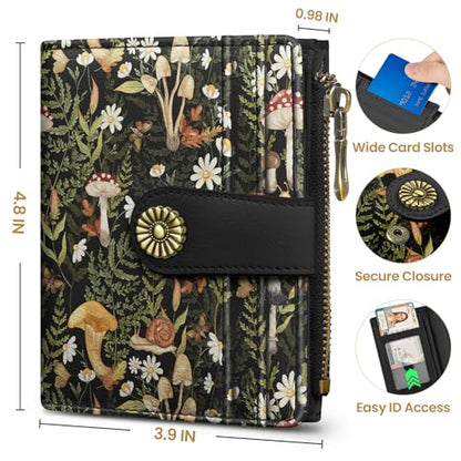 Small Wallet for Women, RFID Blocking Bifold Card Holder Wallet with 10 Card Slots, Cash Compartment, Zipper Coin Pocket & ID Window, Cute Soft Vegan Leather Compact Wallet, Mushroom - color: R.Mushroom