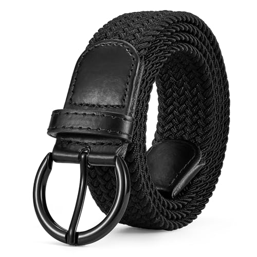 JASGOOD Women Men Braided Woven Elastic Stretch Waist Belt Golf Canvas Fabric Casual Belt for Jeans Pants - color: All Black, size: Fit Size 33"-36"
