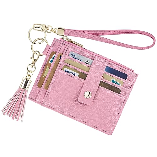 Wristlet Keychain Wallet for Women Slim Rfid Blocking Credit Card Holder Wristlet Zip Id Case Wallet Small Compact Leather Wallet Coin Purse for Women (Pink) - color: Pink