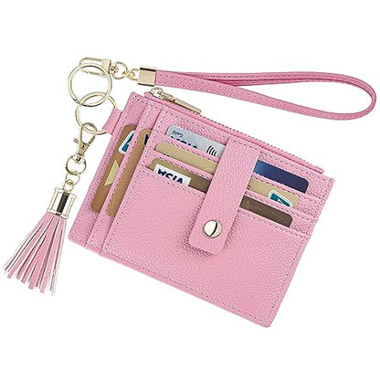 Wristlet Keychain Wallet for Women Slim Rfid Blocking Credit Card Holder Wristlet Zip Id Case Wallet Small Compact Leather Wallet Coin Purse for Women (Pink) - color: Pink
