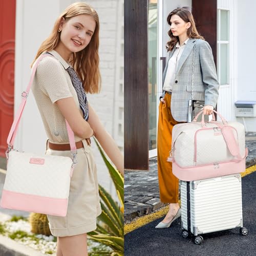 TIBES Travel Weekender Bag for Women, Overnight Bag with Shoe Compartment - color: Pink White 3pcs