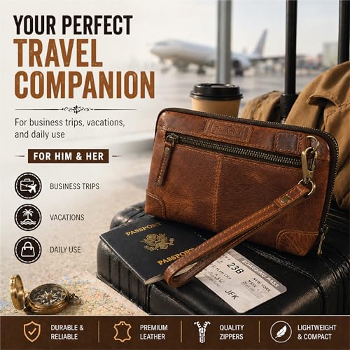 Genuine Leather Makeup Bag Travel Organizer, Premium Handcrafted Cosmetic Pouch with Zipper & Wrist Strap, Durable Toiletry Storage for Women & Men, 5 x 9- Tan - color: Tan Travel Makeup Bag